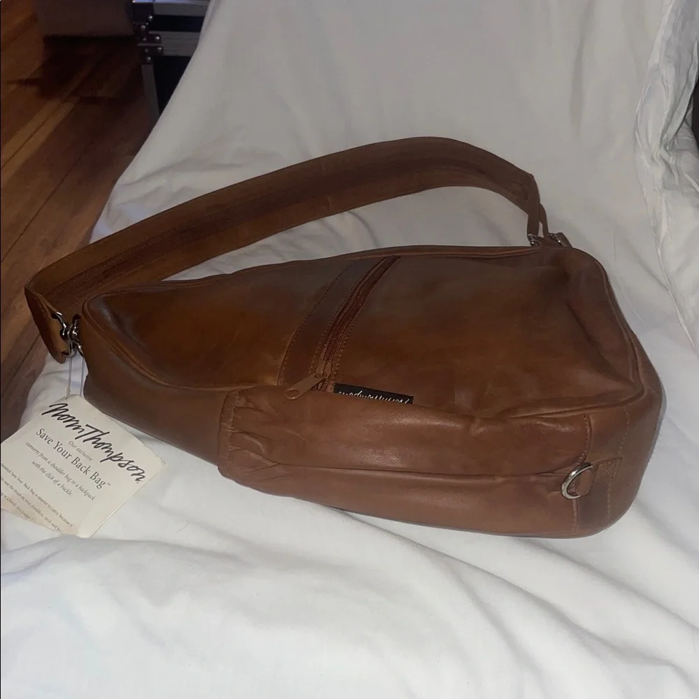 Norm Thompson Brown Leather Sling Shoulder Bag Converts to a Backpack with a Zip